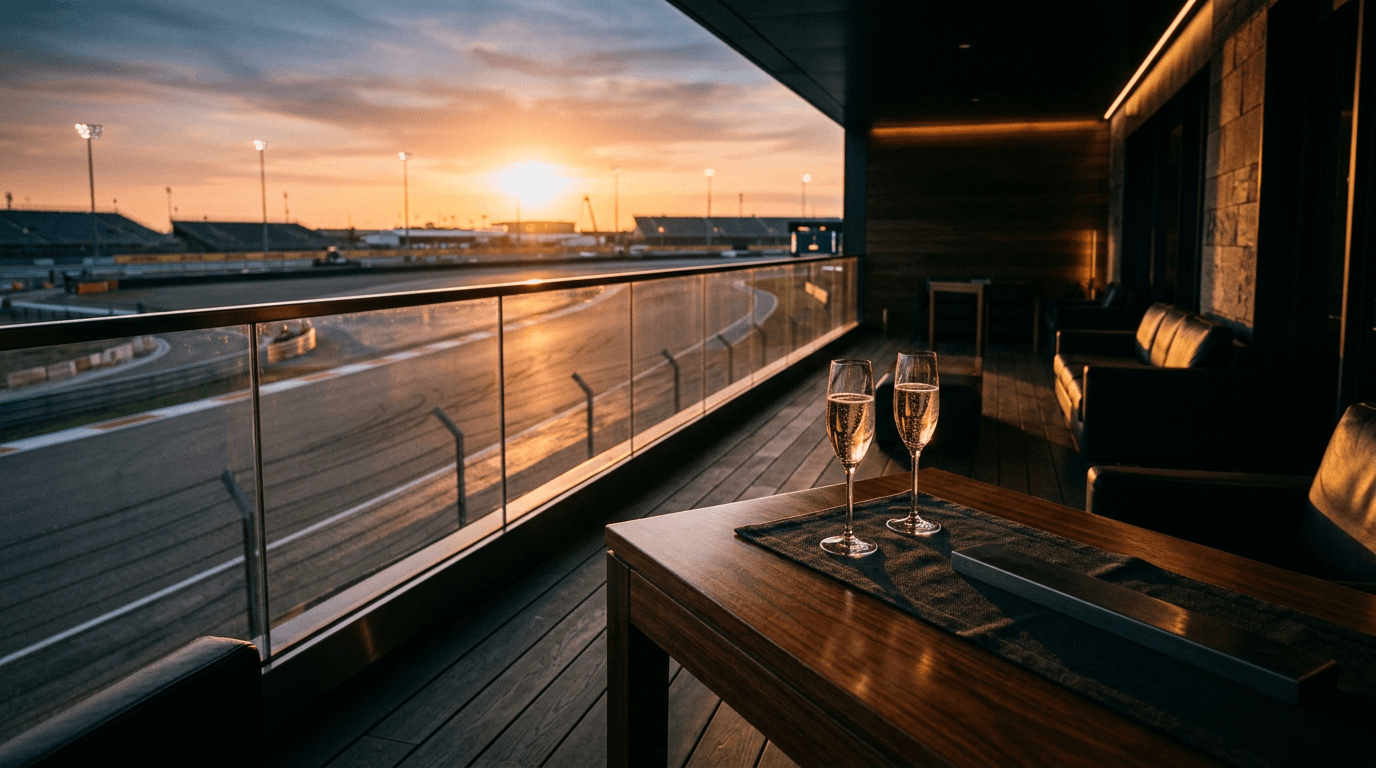 Luxury paddock club balcony overlooking circuit at golden hour
